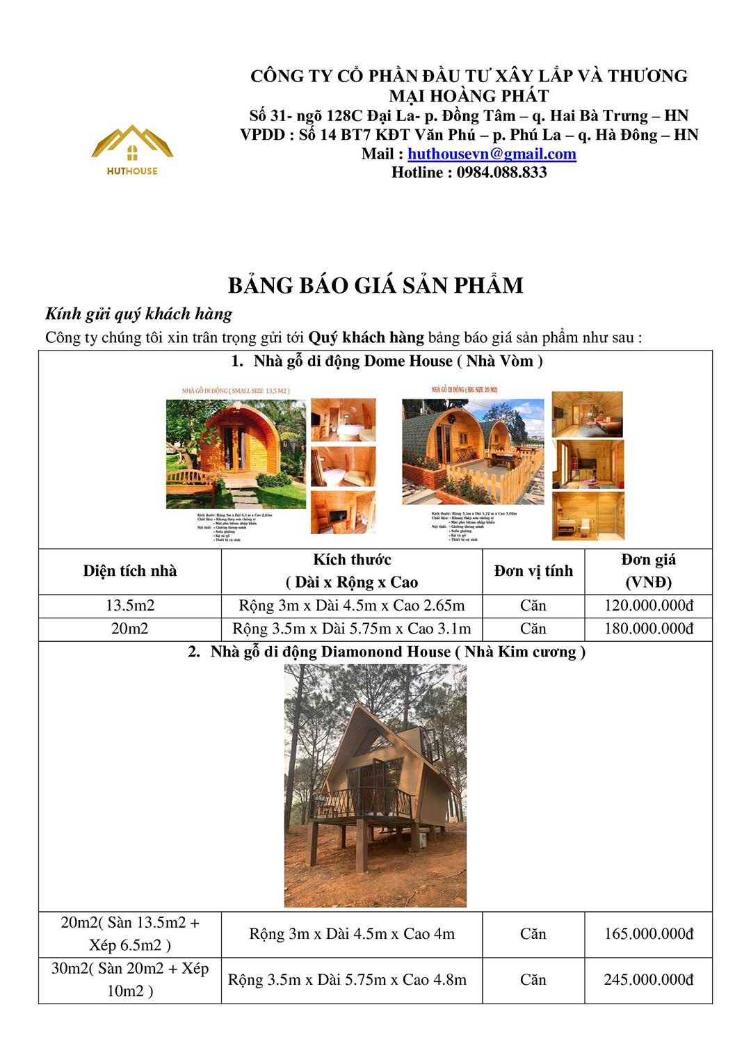 BẢNG BÁO GIÁ THI CÔNG NHÀ BUNGALOW CỦA HUT HOUSE